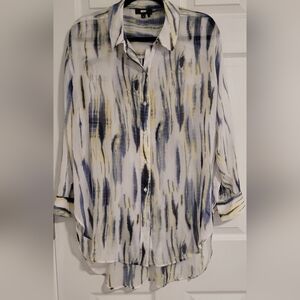DKNY Sheer Medium Metallic Print Chiffon Button-Up Shirt Long Sleeve White Blue